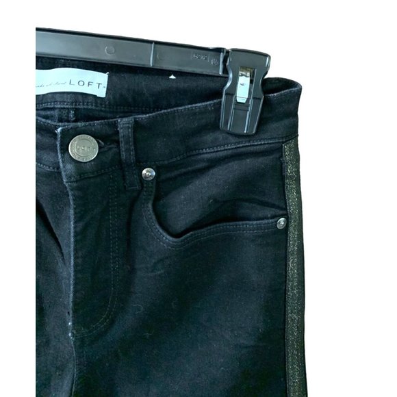 LOFT Womens Size 26 2 Skinny Jeans Black Bling Gold Racing Stripe Raw Hem Slim P - Picture 3 of 5
